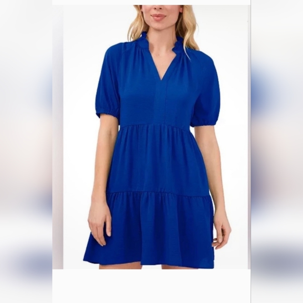 CeCe Bright Cobalt Blue Short-Sleeve Tiered V-Neck Dress Ruffle Size XL